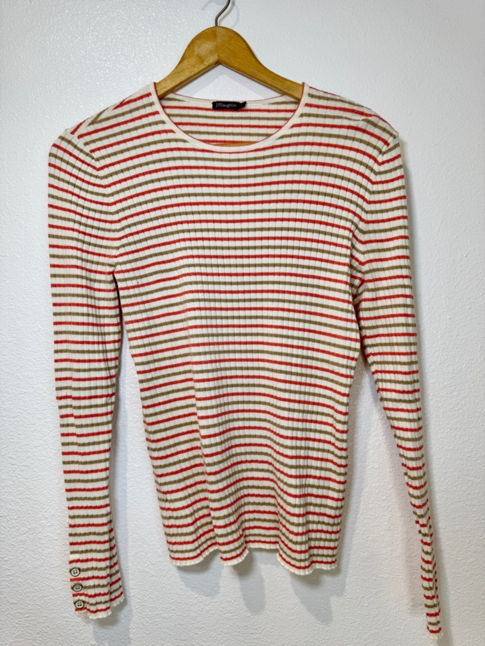 J McLaughlin Striped Rib Knit Top Long Sleeve Fitted Stretch Crewneck Classic L